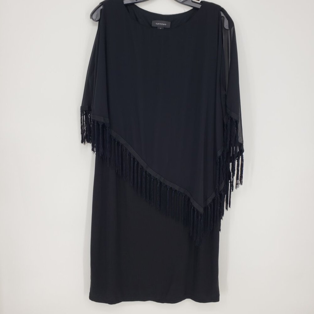 R&M Richards Cold Shoulder‎ Cocktail Dress 12 Fringe Tassels Sheer Cape Black